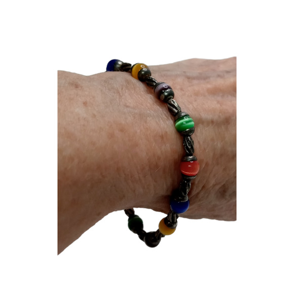 🌈 VTG Cats Eye Stretch Bracelet | Multicolor Fiber Optic Beads Silver Tone - Picture 12 of 12